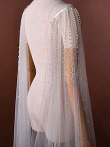 2件套仿珍珠新娘披肩，白色中长款薄纱披肩，适合婚礼、派对、旅行、摄影，配有安全别针，可拆卸 - 彩色 - 查看 7