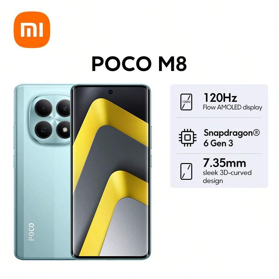 Xiaomi POCO M8 5G 全球版智能手机，支持 NFC、小米 HyperOS 2、屏下指纹识别、AI 人脸解锁，存储卡可扩展至 1TB，机身厚度仅 7.35 毫米，采用纤薄 3D 曲面设计，配备 6.77 英寸 120Hz 流光 AMOLED 显示屏，亮度高达 3200 尼特，支持护眼功能。搭载 5000 万像素 AI 双摄系统，支持光融合传感器和 4K 视频录制。采用骁龙 6 Gen 3 先进 4nm 工艺 5G 处理器，支持 45W 涡轮快充，电池容量为 5520mAh。