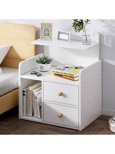 Buro de Noche de Madera con 2 Cajones para Sala y RecáMara, Minimalista Mesa Auxiliar de Fácil Montaje, Tallas de L43xW26xH60(cm)