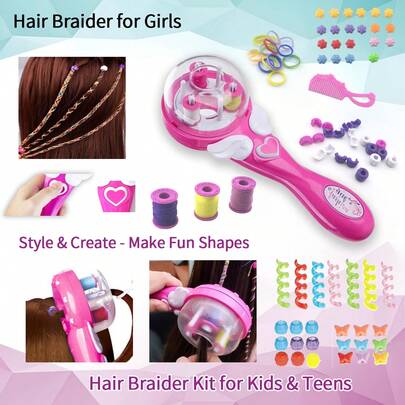 2-In-1 Girls Rainbow Hair Ties & Braiding Tools Styling Set, Girls Hair Accessories Automatic Braiding Tool Combo Set. This 2-In-1 DIY Set Includes Various Colorful Hair Ties And Creative Hair Accessories. The Set Includes Rainbow Braiding Ties, 8pcs Colorful Hair Decor Accessories