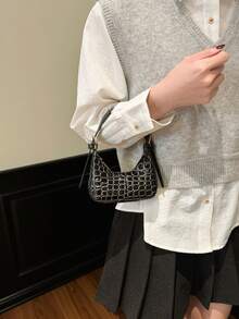 Bolso de mano de mujer con cierre de cremallera y textura de piedra de unicolor, estilo coreano de moda, versátil, ligero y multifuncional, mini bolso de tote adecuado para el uso diario, viajes, regreso a la escuela y vida universitaria de las mujeres - Negro - Ver 2