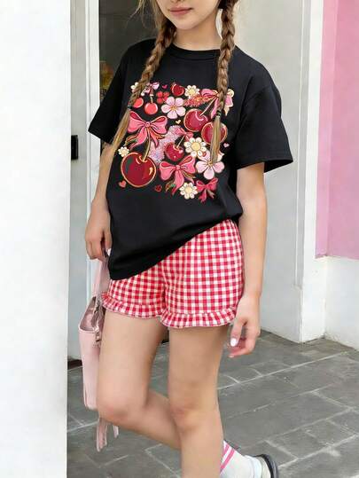 Girls' Cute Cherry Bow Floral Print Round Neck Short Sleeve T-Shirt + Red Plaid Shorts Casual Comfortable Summer New Outfit
