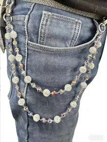 Pearl Flower Wallet Chain/Pants Chain, High-End Style, Men's Hip-Hop Style, Multi-Layer Metal Pendant, Inlaid Artificial Gems, Hip-Hop Punk Fashion Accessory - Multicolor - View 1