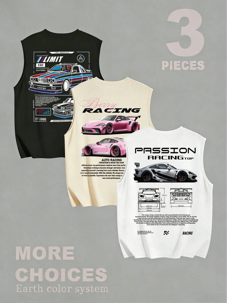 3件套男士夏季圆领休闲汽车图案印花无袖背心，适合健身和日常穿着 - 彩色 - 查看 1