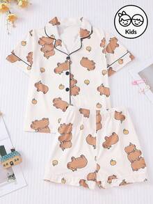 Girls Short Sleeve Sleepwear Set, Cute Capybara & Orange Printed Lightweight Kids Open Front Pajamas For Summer - White - View 12