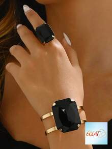 1set Exaggerated Metal Encrusted Faux Pearl Half Circle Women Bracelet Ring Jewelry Mini Accessory Set Holiday Gift For Women Girls V6MK - C 黑 - 查看 5