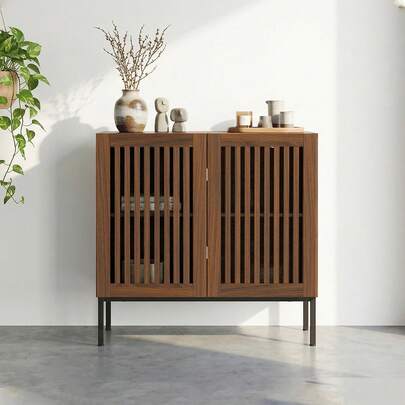 FUFU&GAGA サイドボード リビング 収納 キャビネット リビングボード 扉付き 大容量 おしゃれ インテリア家具 転倒防止 おしゃれ ウールナット (幅80cm)