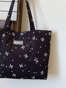 1 pièce Sac fourre-tout décontracté et mignon pour femmes avec décoration de nœud, sac à main léger avec fermeture magnétique et décoration d'étiquette, convient pour les femmes/filles/étudiantes, pour un usage quotidien, les vacances, les voyages, l'école - Noir - Voir 11