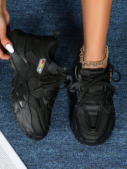 Zapatillas negras clásicas de mujer con suela gruesa, zapatillas deportivas de malla y parches para senderismo al aire libre, zapatillas con cuña y plataforma, adecuadas para todas las estaciones, diseño unisex, excelentes para uso diario, trabajo y viajes