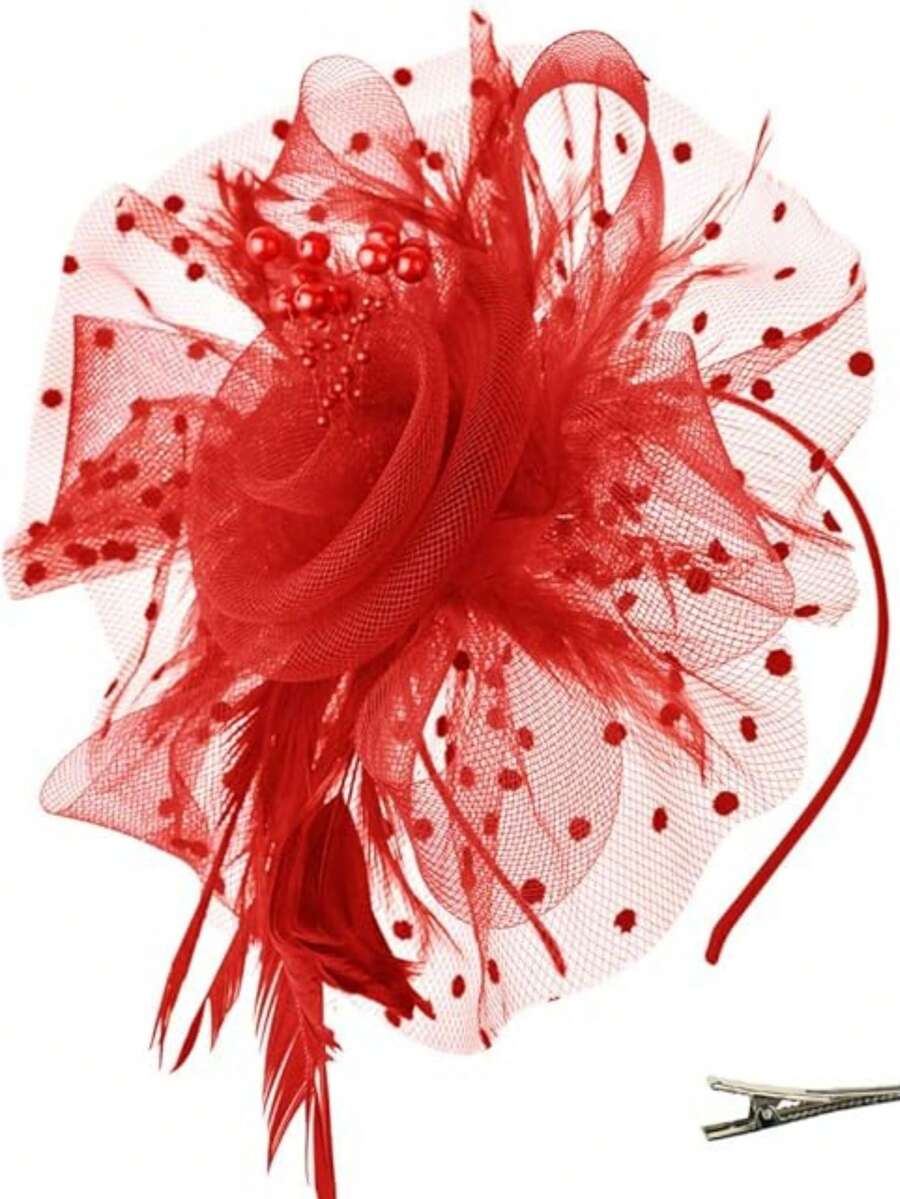 1 pieza Sombrero con velo para fiesta de té de damas, tocado encantador - Rojo - Ver 1