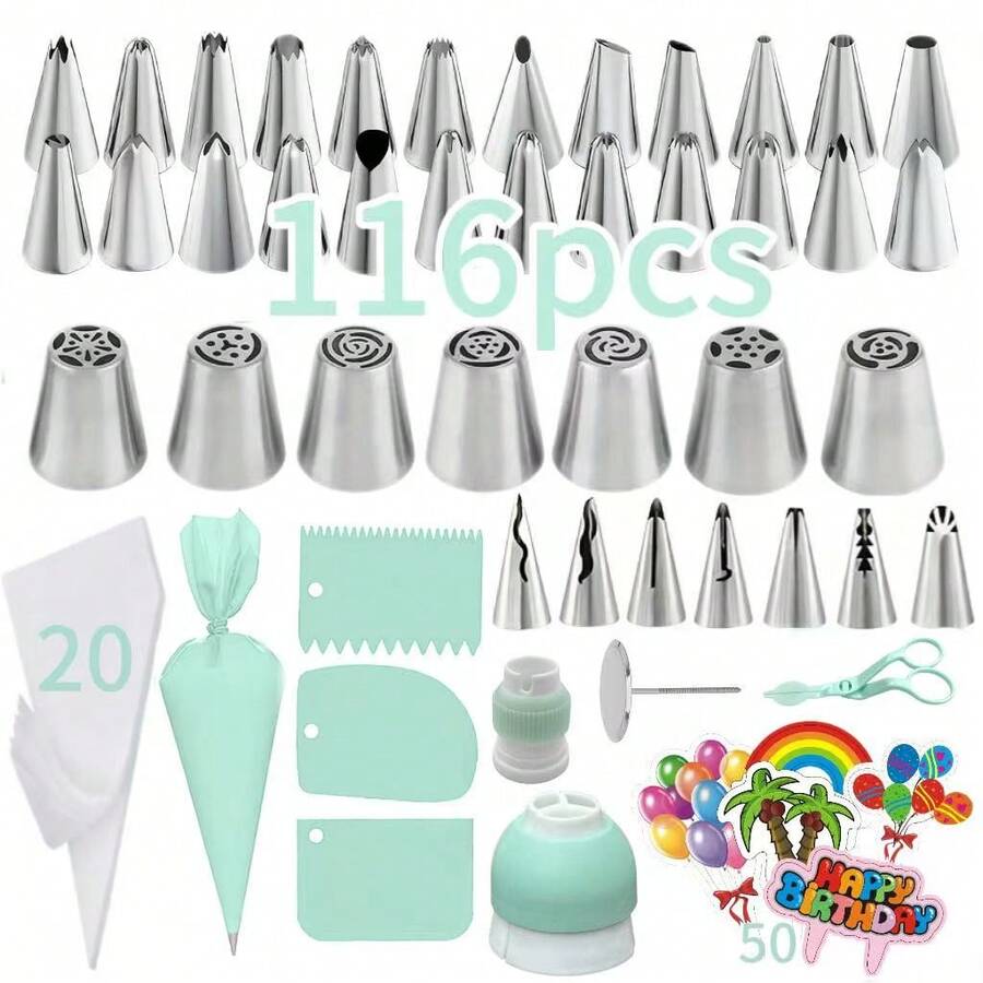 Bộ 116 đầu phun trang trí bánh, dụng cụ làm bánh, vật tư trang trí bánh. - Màu xanh Bạc hà - Xem 1