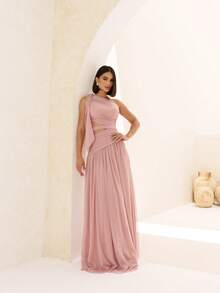 One-Shoulder Bridesmaid Dress With An Asymmetrical Waist Cutout. - 閃耀桃紅葡萄酒 - 查看 1