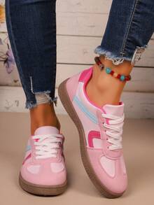 1 Pair Round Toe Lace-Up Sneakers, Women's Versatile Lace-Up Flat White Shoes, Low-Top Sports Casual Shoes - Pink - View 4