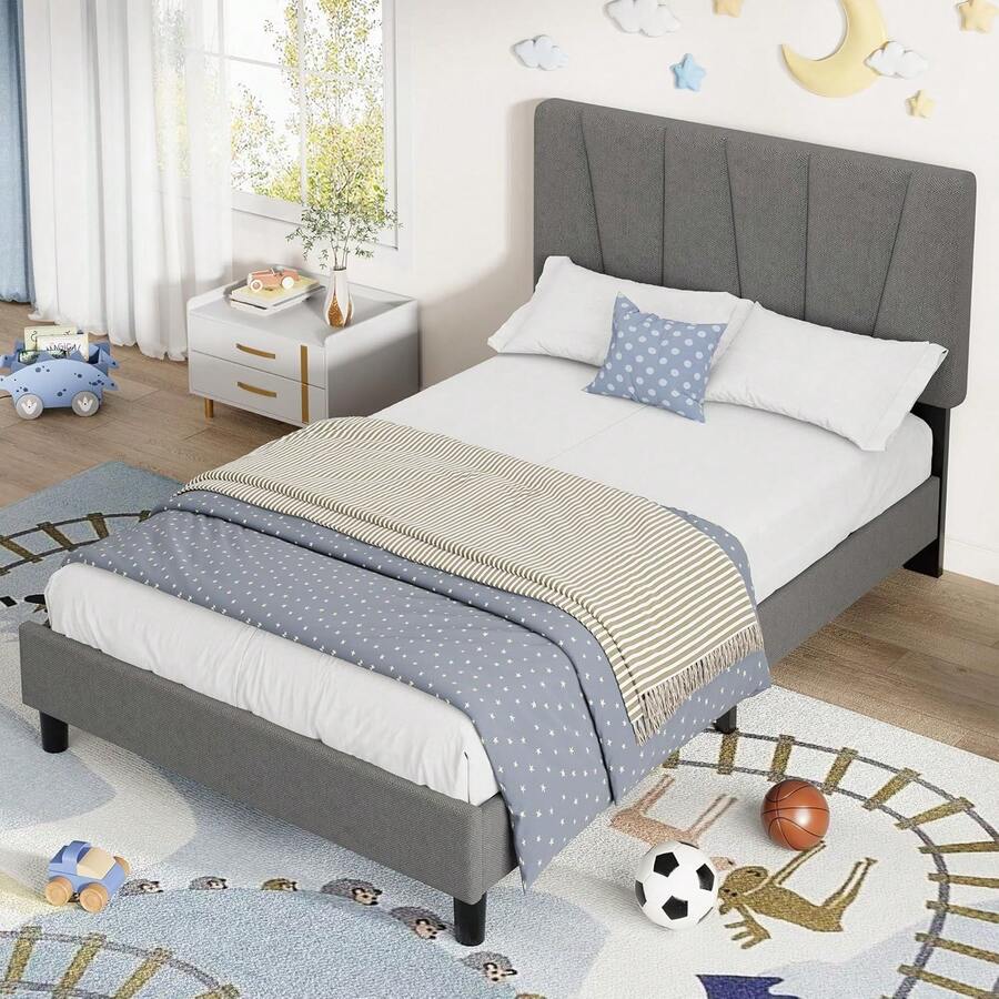 Base de Cama Plataforma con Cabecera Tapizada de Lino Ajustable, Soporte de Listones de Madera Resistentes, Sin Resorte de Caja Necesario y Montaje Fácil - Gris - Twin XL - Ver 1