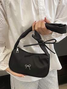 Women's Minimalist Bow Decor Crescent Shoulder Bag, Zipper Closure Solid Color, Suitable For Office/School/Commute - Black - View 5