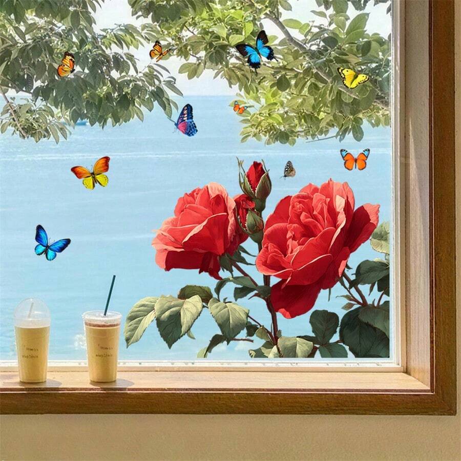 Vibrant Red Rose & Butterfly Glass Sticker | Living Room Door Wall Window Decor Self-Adhesive Translucent Wall Sticker, Glam Style, Geometric Pattern, Vinyl Material, Pre-Pasted, Single Use, Irregular Shape, Semi-Matte End, 9mil Thickness - A - View 1