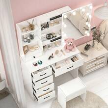 Vanity Desk With HD Lighted Mirror, Makeup Vanity Table With Drawers & Shelves, 3 Color Light & Adjustable Brightness, Bedroom, Living Room Dressing Table, Gift For Women - 白色 - 查看 5