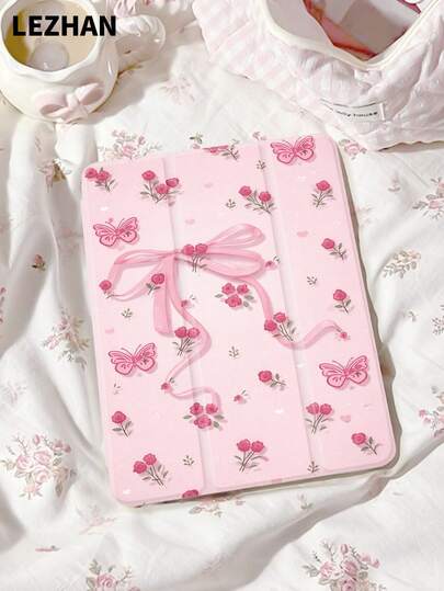 1pc Elegant Pink Floral & Butterfly Rose Print Tablet Sleeve, Compatible With (A16) 11 Inch 11th Gen 2025/10th Gen, 10.2 Inch, Pro 2021/2020, Galaxy Tab A8 10.5 Inch 2022, Matepad 10.4/Tab, Anti-Drop, Pencil Slot, Sleep/Wake Support, Gift For Kids/Family, Year-End , Romantic Gift