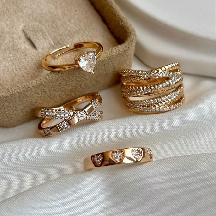 4件套简约优雅心形水钻戒指，独特设计叠戴戒指套装，生日、情人节礼物 - 金色 - 查看 1