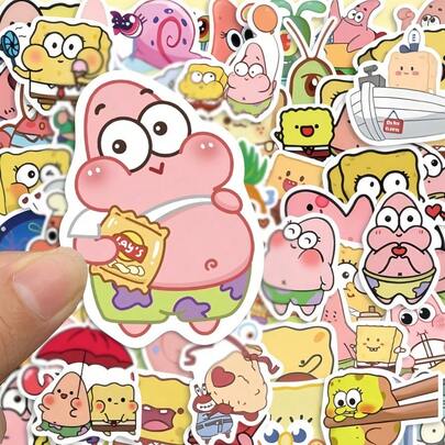 SpongeBob SquarePants 100枚 カートゥーン 防水ステッカー、かわいいラップトップステッカー 大人用、スマホケース、手帳、水筒、スーツケース、学校グッズ、パーティー&誕生日用品にDIYデコレーション