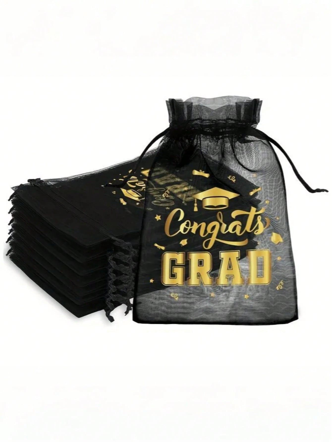 20 pièces/10 pièces/1 pièce Sacs en organza pour remise de diplôme, sacs à cordon de souvenirs de remise de diplôme - Design "Congrats Grad" noir et or, sacs à bijoux et bonbons à cordon avec motif d'étoile et de diplôme, sacs en organza transparents, convient pour les fournitures de fête et la décoration de célébration de remise de diplôme - A - Voir 1