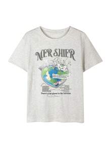 2026夏季新款女式圆领休闲宽松英文字母和猫咪印花设计地球日时尚百搭学生短袖T恤，1件装 - 淺花灰 - 查看 4