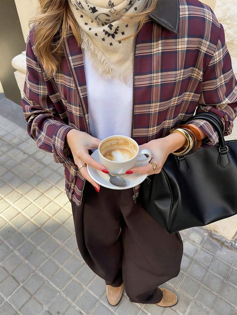 2026 Fashionable Y2K Street Style Women's Red Plaid Loose Long Sleeve Jacket Coat With Zipper Pockets, Suitable For Summer & Spring - Multicolor - View 1