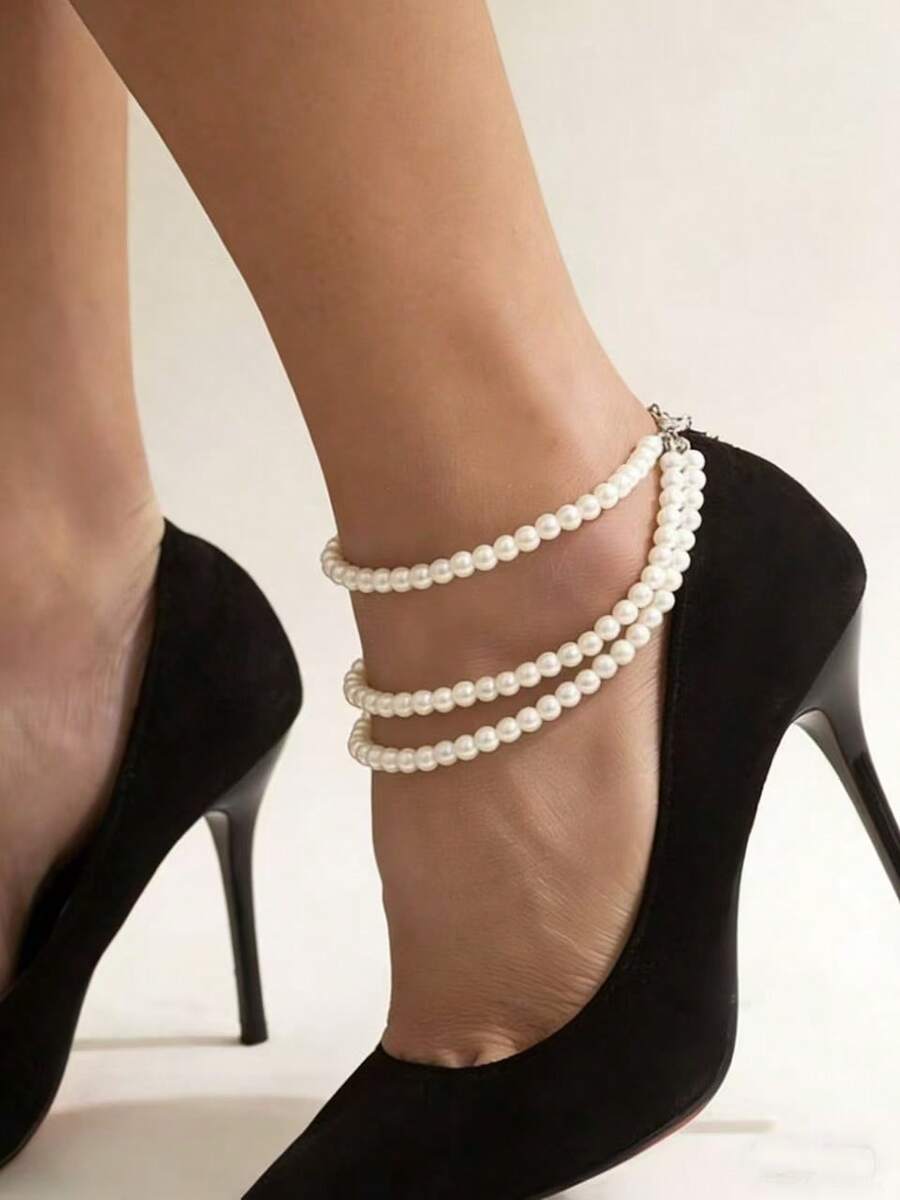 Elegant Sexy Faux Pearl Beaded Tassel Anklet, Geometric Foot Chain Jewelry For Party - White - View 1