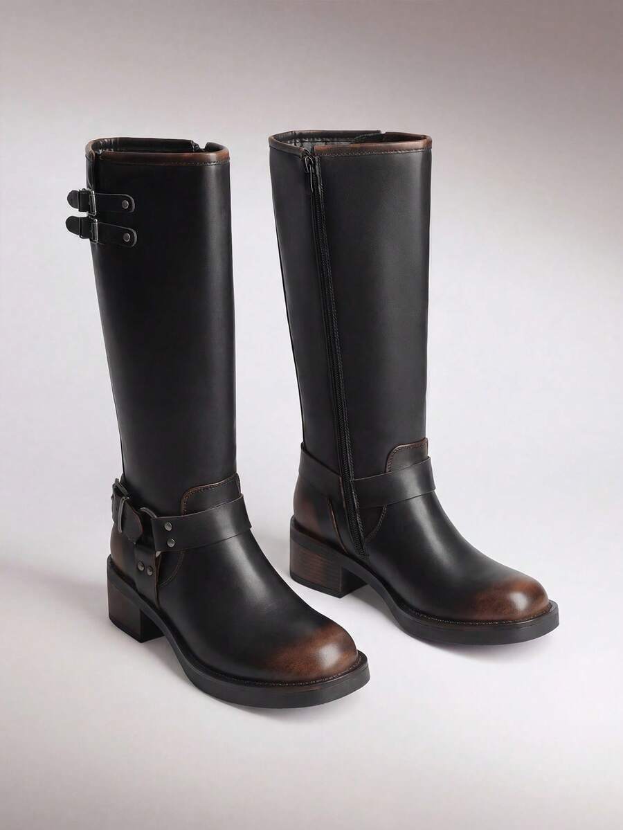Women's Square Toe Motorcycle Boots Side Zipper Knee High Boots Chunky Low Heel Buckle Decorated Fashion Casual Riding Boots Festival Woman Shoes - 鏽棕色 - 查看 1