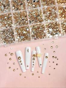 1盒随机混合香槟色ABS水钻美甲装饰品，哥特风格多尺寸圆形扁平水钻，闪亮美甲DIY配件 - 棕色 - 查看 4