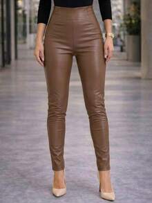 ADD MODA REF PK0996 HIGH-WAIST LEATHER PANTS, ELEGANT AND COMFORTABLE - màu nâu - Xem 4
