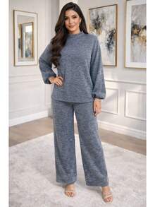 Women's Set: Long-Sleeved High-Neck Blouse And High-Waisted Wide-Leg Pants In Knit Fabric, Winter/Cold Weather Knit, Suitable For Holidays. - 淺灰色 - 查看 8