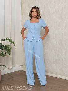 ANLE MODAS Women's Casual Elegant Blouse And Pants Set With Buttons At The Front, Tailored Pockets, Twill - 淺藍色 - 查看 8
