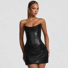 Women's Autumn New Solid Color Sexy PU Ruched Herringbone Strapless A-Line Dress - màu đen - Xem 1