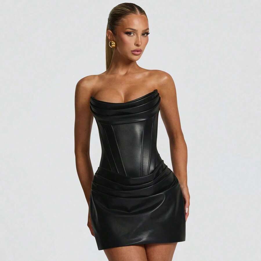 Women's Autumn New Solid Color Sexy PU Ruched Herringbone Strapless A-Line Dress - màu đen - Xem 1