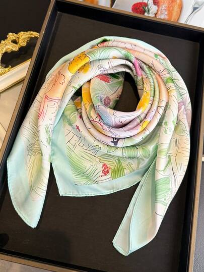 1pc Women's Elegant Retro Printed Lightweight Satin Square Faux Silk Scarf, Bohemian Style Casual Ladies Neck Scarf, Shawl, Thin & Comfortable Women's Headscarf, Suitable For Spring/Summer Daily Wear And Outings