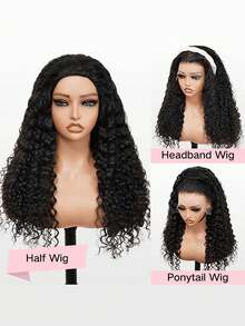 水波纹半头假发，真人发丝，150%密度，带抽绳 - 新手友好，打造自然外观，无需头带 - Natural Black - 查看 3