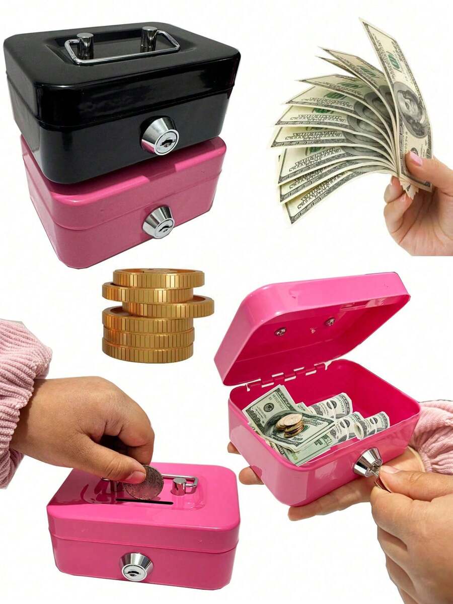 Alcancía con cerradura y 2 llaves, puede almacenar monedas, efectivo, objetos de valor, tarjetas, documentos, caja de metal portátil con ranura para monedas, adecuada para uso diario en la oficina, regalo para amigos y decoración del hogar