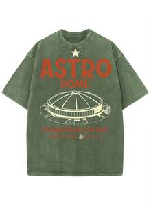 230G Washed Pure Cotton T - Shirt, Landmark - Themed Style, With Dark 'ASTRO DOME 'The Eighth Wonder Of The World' Houston,Texas Est. 1965' Text And Dome - Building Pattern Print, Outdoor Sports T - Shirt Y2K Soft Knitted T - Shirt Fall Clothes For Women Halloween - 軍綠色 - 查看 1