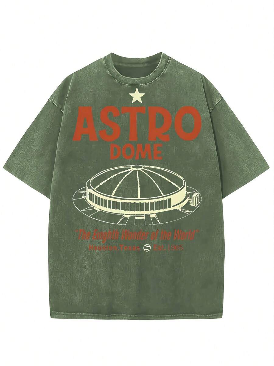 230G Washed Pure Cotton T - Shirt, Landmark - Themed Style, With Dark 'ASTRO DOME 'The Eighth Wonder Of The World' Houston,Texas Est. 1965' Text And Dome - Building Pattern Print, Outdoor Sports T - Shirt Y2K Soft Knitted T - Shirt Fall Clothes For Women Halloween - 軍綠色 - 查看 1