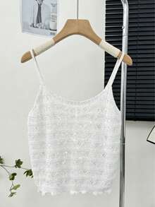 女士夏季亮片镂空针织吊带背心，白色宽松无袖背心，适合叠穿 - 白色 - 查看 2