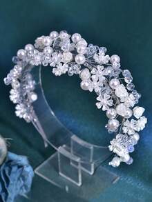 1件树脂花朵装饰女士珍珠发箍，仿珍珠水钻装饰，新娘头饰，女士发饰，婚礼头饰，摄影宴会发饰，女士配饰，春夏发饰 - 銀色 - 查看 7