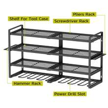 1 estante de pared de metal resistente de 3 niveles, organizador de herramientas eléctricas de montaje en pared, soporte para taladro inalámbrico y estante de almacenamiento de baterías, estante de organización para taller de garaje, ideal para uso en tableros de clavijas y cobertizos. - Negro - Ver 6