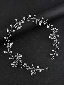 1pc European And American Fashion White Pearl Handmade Soft Chain Headband, Bridal Hair Accessory - Silver - View 2