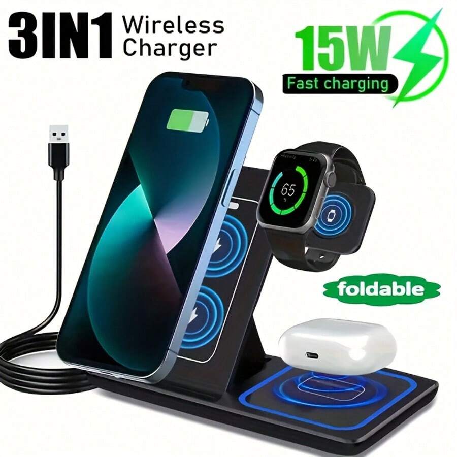 15W 三合一无线充电底座，兼容 17/16/15/14/13/12/11/Pro/Max/XS/XR/X/8/Plus、11/10/9/8/7/6/5/4/3/2/SE/Ultra、Pro2/Pro4/3/2/1，支持快速充电