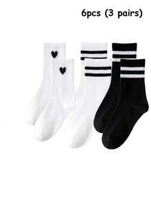5 Pairs Striped, Solid Color, And Heart Print Athletic Socks - Multicolor - View 12