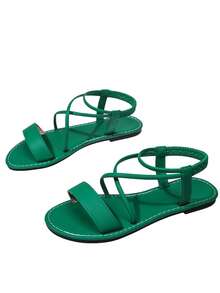 新款时尚平底凉鞋，夏季编织露趾平底凉鞋，舒适休闲鞋，时尚露趾设计，透气百搭，适合各种场合。时尚简约舒适交叉绑带平底凉鞋，有黑色、米色、卡其色、绿色可选。防滑、轻便、舒适。 - 綠色 - 查看 3