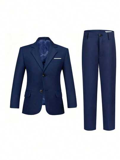 4-16 Sizes Navy Blue 2pcs Boy's Suit Set, Tuxedo Outfit, Ring Bearer Formal Wear, Wedding Jacket And Pants