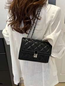 1pc Fashionable Solid Color Embossed Flap Chain Mini Shoulder Bag For Women - Black - View 3