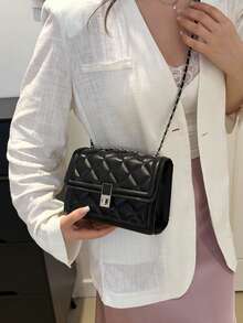 1pc Fashionable Solid Color Embossed Flap Chain Mini Shoulder Bag For Women - Black - View 4